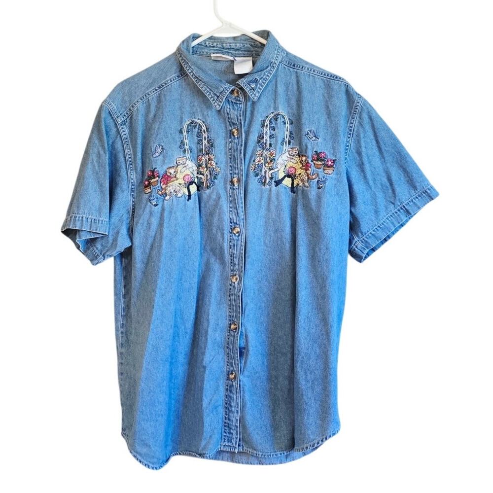 Bobbie Brooks vintage playful kittens cats embroidered denim shirt size XL
